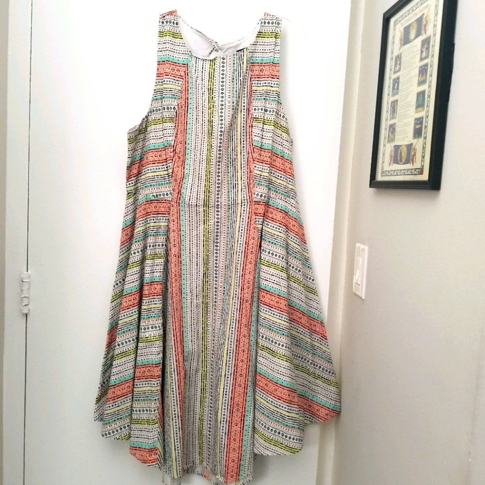 Sleeveless Striped Swing Dress in Coral and White